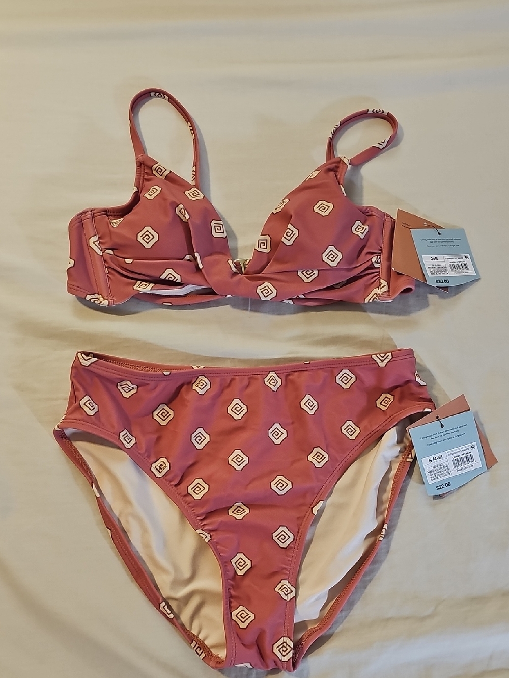 Shade & Shore Women's Mauve Geo Print Bikini Set with 34B Top & Small Bottom